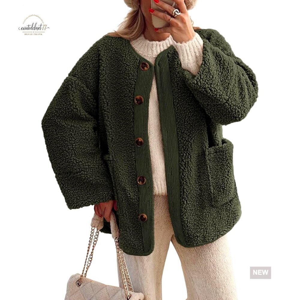 Women's Sherpa Fleece Jacket Button Up Loose Fit Winter Outerwear